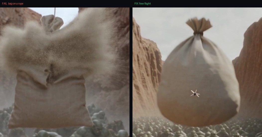 Bag on a rope versus bag in free flight