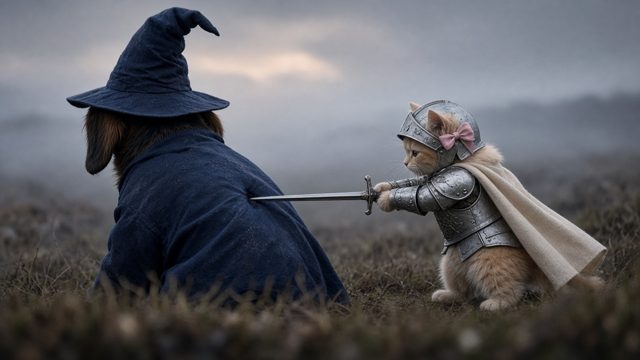 Storyboard key frame s03b — Archer vs Knight Cat · planned
